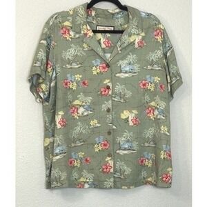 Vintage Jamaica Bay Womens 1X Hawaiian Shirt Sage Green Tropical Button Down
